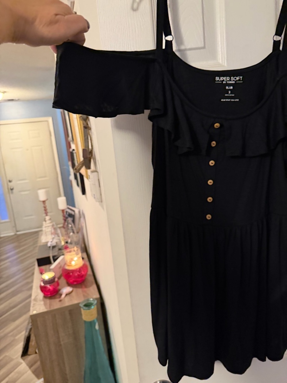 torrid Black Ruffle Button-Front Cold Shoulder Top - Picture 2 of 3